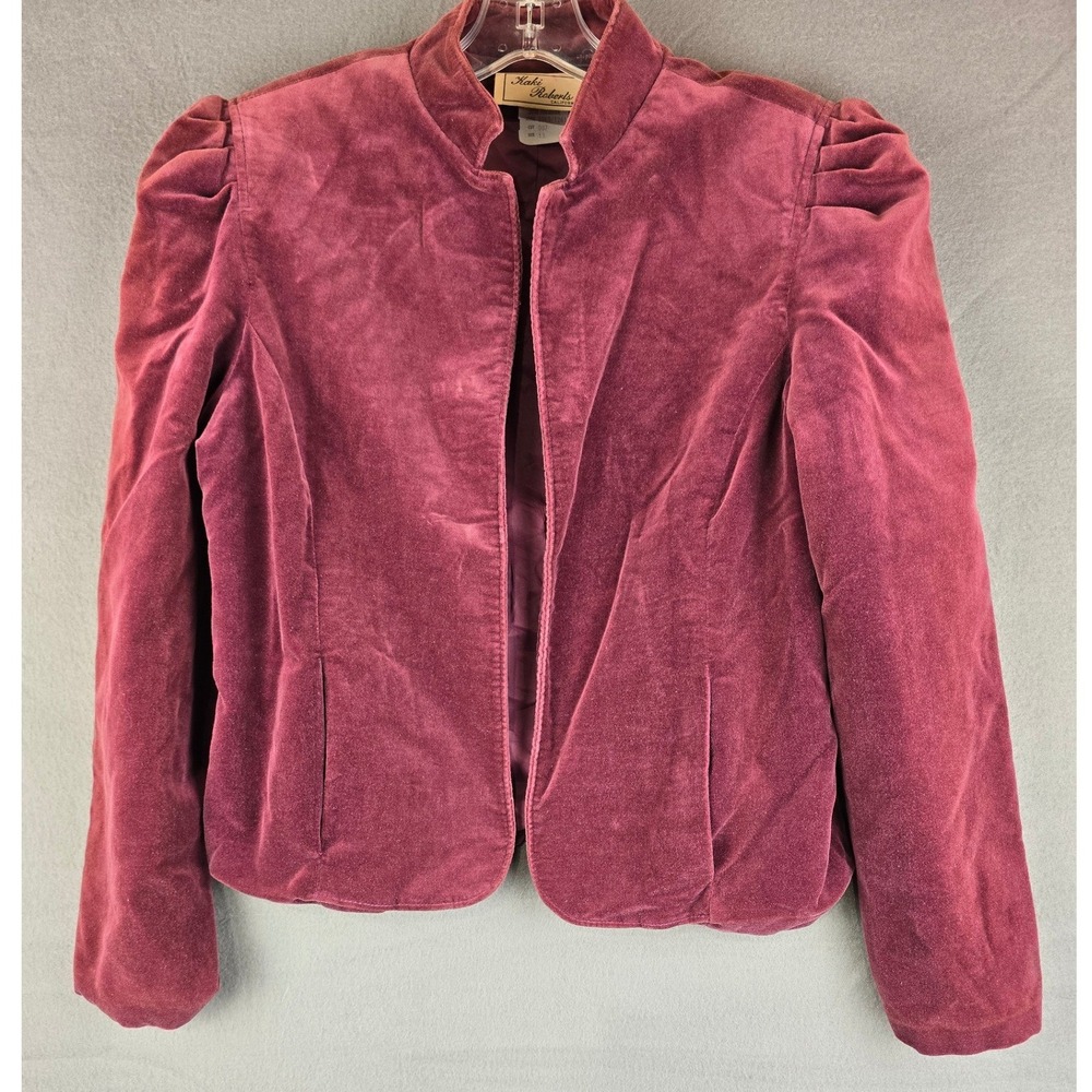 VTG 80s Kaki Roberts Women's Velour Jacket 13 Maroon Puff Shoulder Open Front